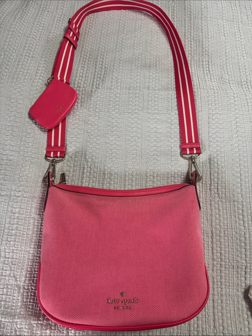 kate spade bright pink crossbody with striped strap and coin purse
